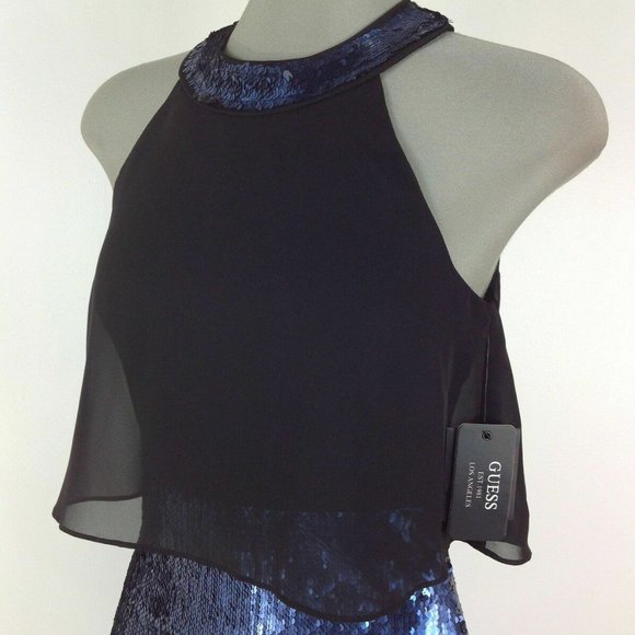 GUESS NWT Exquisite BLACK/COBALT BLUE Sequin Halter Cocktail Dress size 0 - Picture 6 of 6